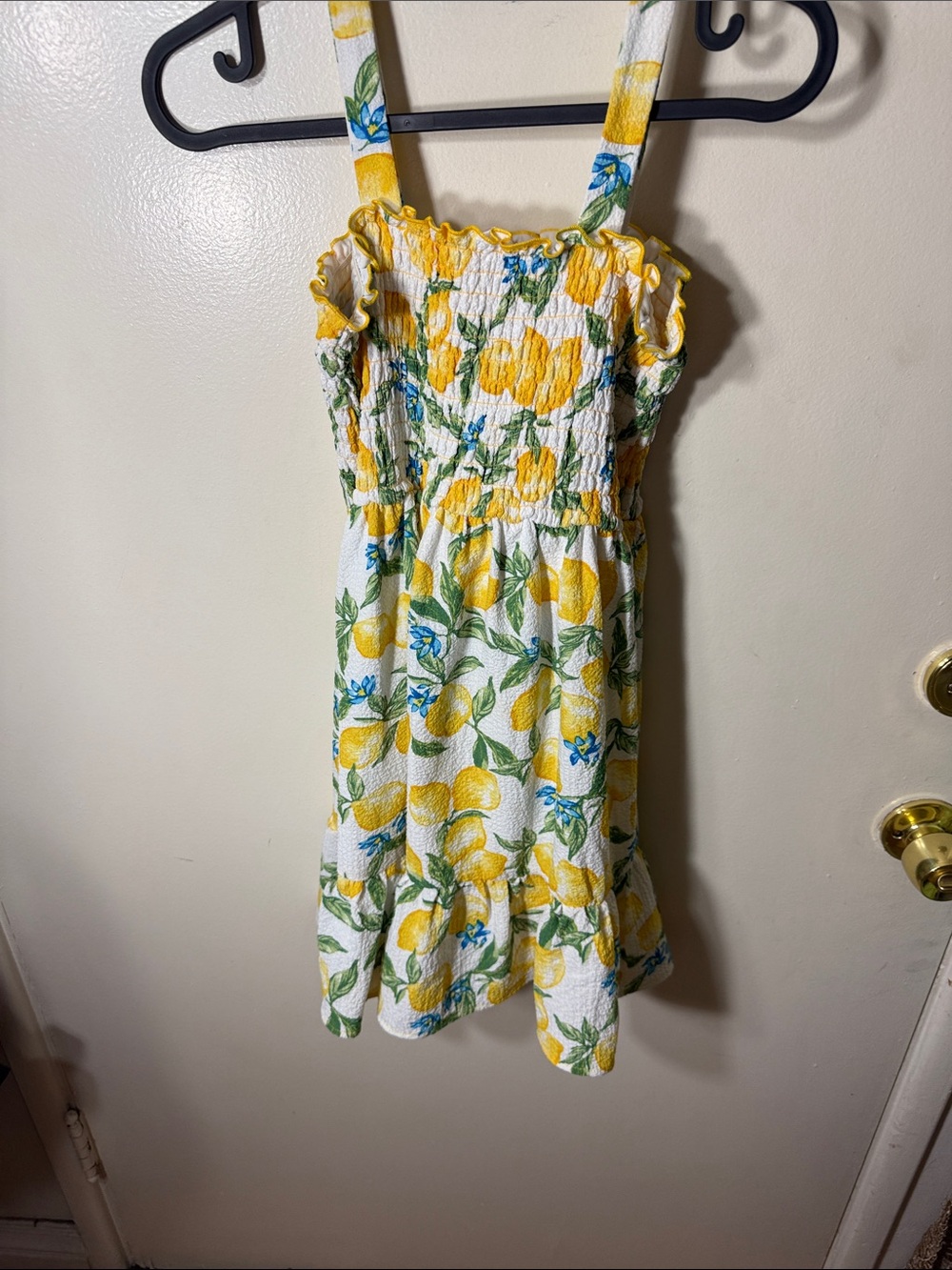 Chenault Yellow Lemon Print Smocked Sundress with Blue Floral Accents